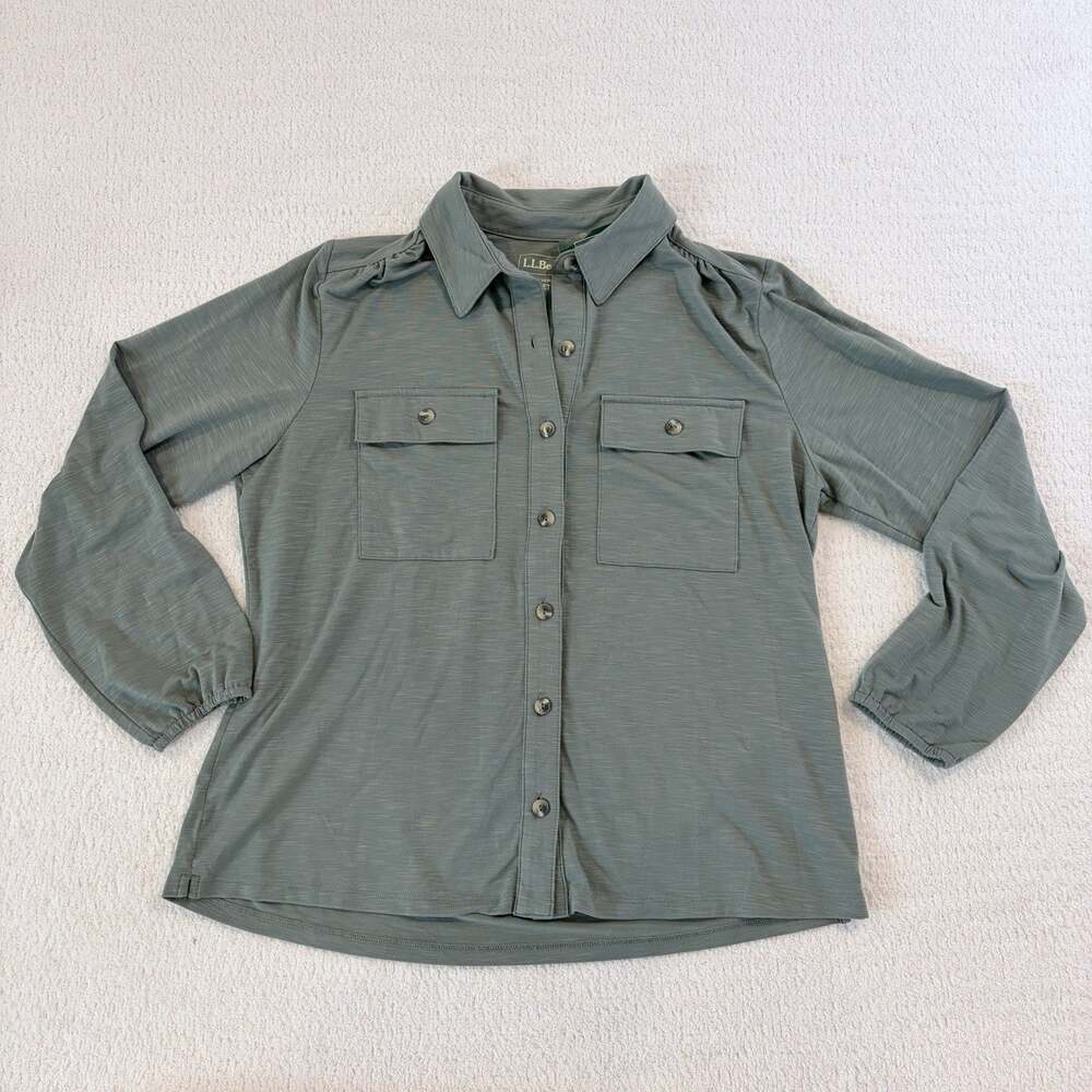 L.L.Bean Women’s Camden Hills Button-Up Shirt PS Long Sleeve Knit Stretch Green